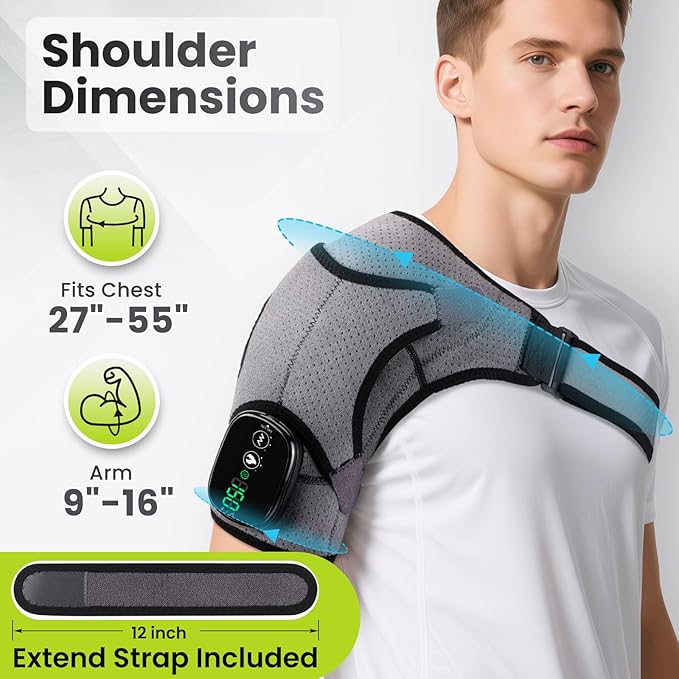 Cordless Shoulder Heating Pad with Vibration for Rotator Cuff Pain Relief, Arm Heated Massage Pad, Shoulder Support Brace with 3 Heating Levels & Vibration, Left or Right (Grey) - Bloomnest