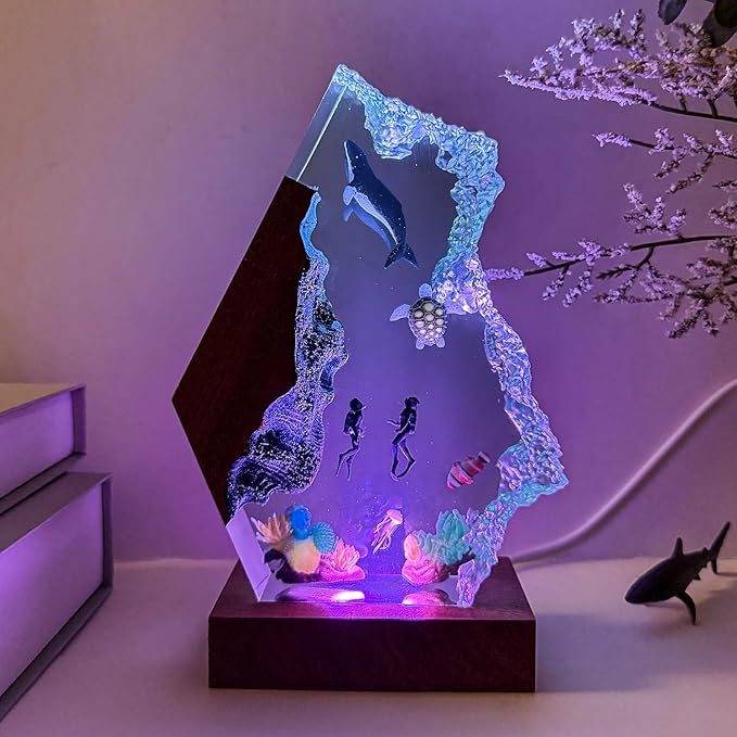 Humpback Whale Ocean Resin Lamp, Handmade Table Relaxing Mood Lamp with USB Port, Art Ornaments for Home Office Decor, Scuba Diver Gift for Birthday Holiday, Valentine's Day Gifts for Husband - Bloomnest