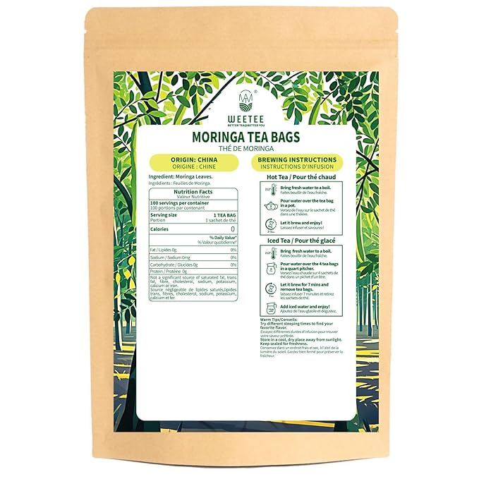 WT WEETEE Moringa Tea Bags 100 Count, 100% Pure Dried Moringa Leaves, Caffeine Free Nutrient-Dense Herbal Tea, Earthy Spinach Aroma & Bold Fermented Bean-Like Flavor - Bloomnest