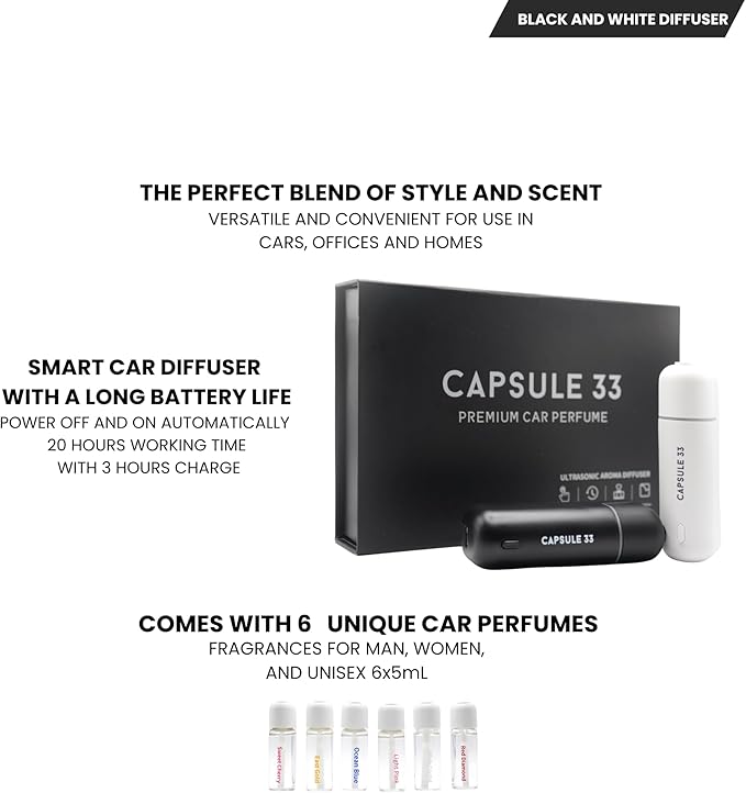 Car Perfume Diffuser, (UPGADED) Air freshener, Waterless Diffuser, Smart Ultrasonic Air Freshener with 6 Premium Fragrances, Automatic (On/Off), Car Gift for Men and Women (Black) - Bloomnest