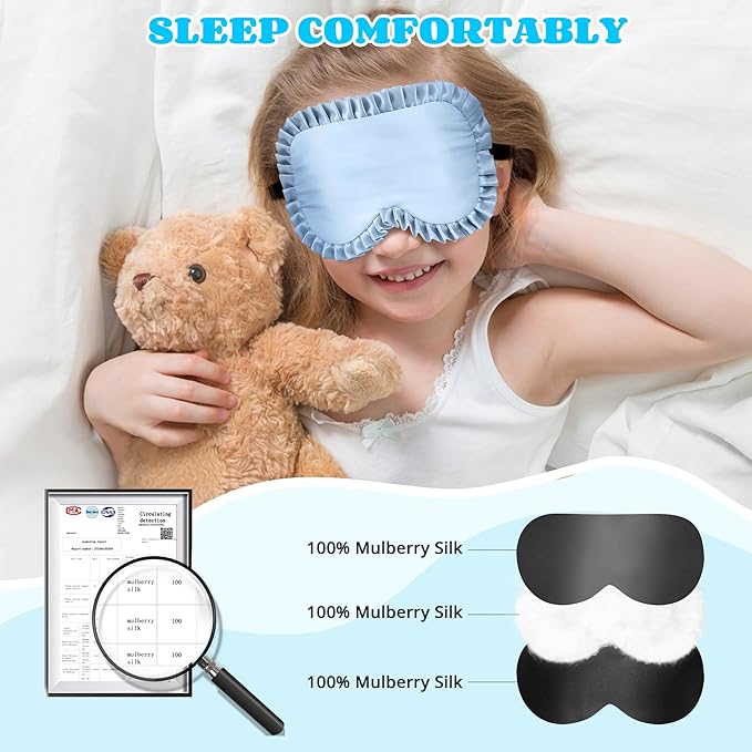 Kids Sleep Mask Eye Cover, 100% Real Mulberry Silk Sleep Mask with Adjustable Strap, Kids Blindfold for Sleeping, Boys Girls Eye Shade for Ages 5+, Soft and No Pressure (Blue) - Bloomnest
