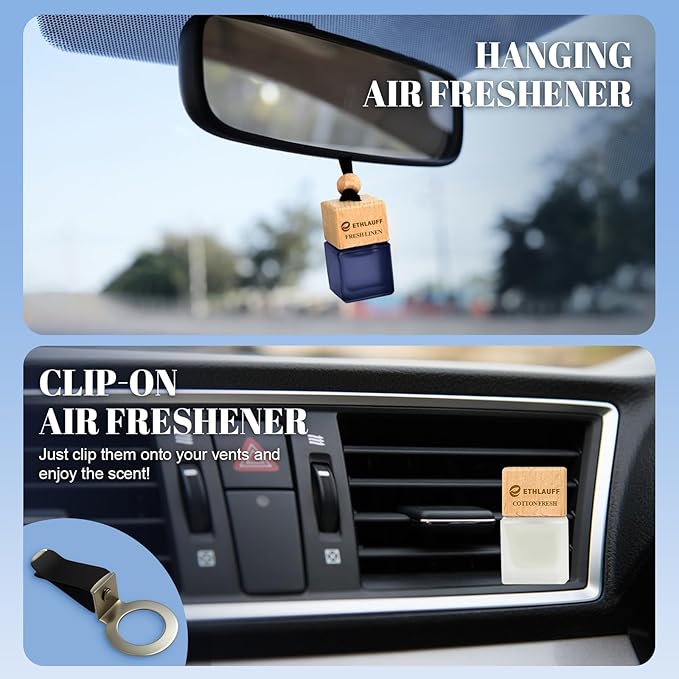 Car Air Freshener Hanging, 3 Pcs Cotton Fresh, Fresh Linen, Cardamom & Cedar, Car Scent Air Fresheners Diffuser for Car, 45+ days Long Lasting Fragrance, 0.27 FL OZ/8ML - Bloomnest