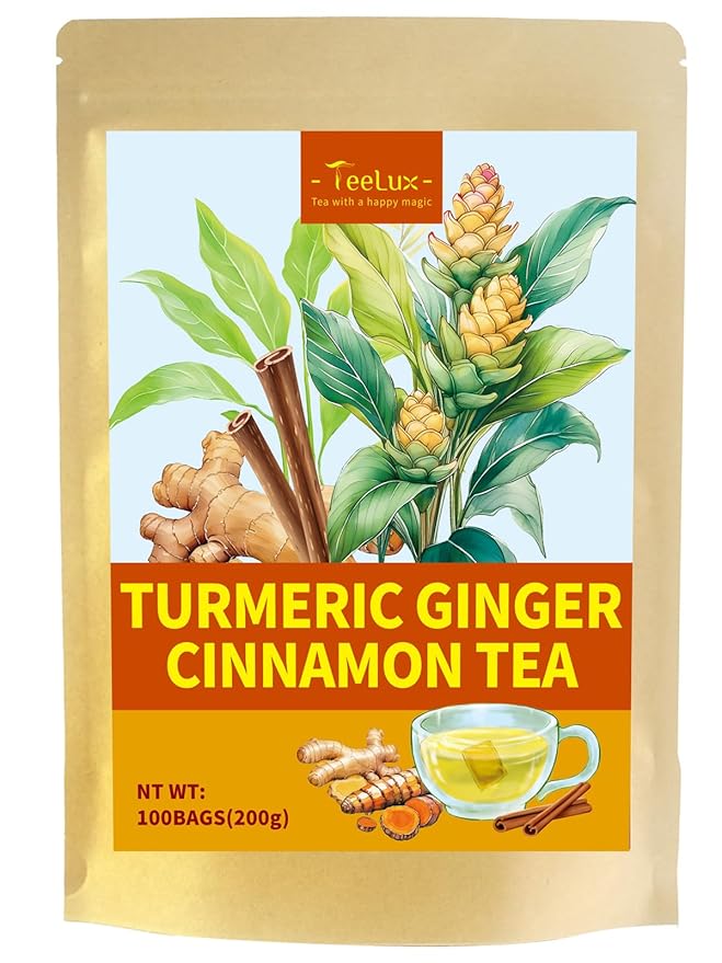 TeeLux Turmeric Ginger Cinnamon Tea, Natural Turmeric Herbal Tea with Ginger and Cinnamon, Spicy & Sweet Flavor, Caffeine Free, 100 Count - Bloomnest