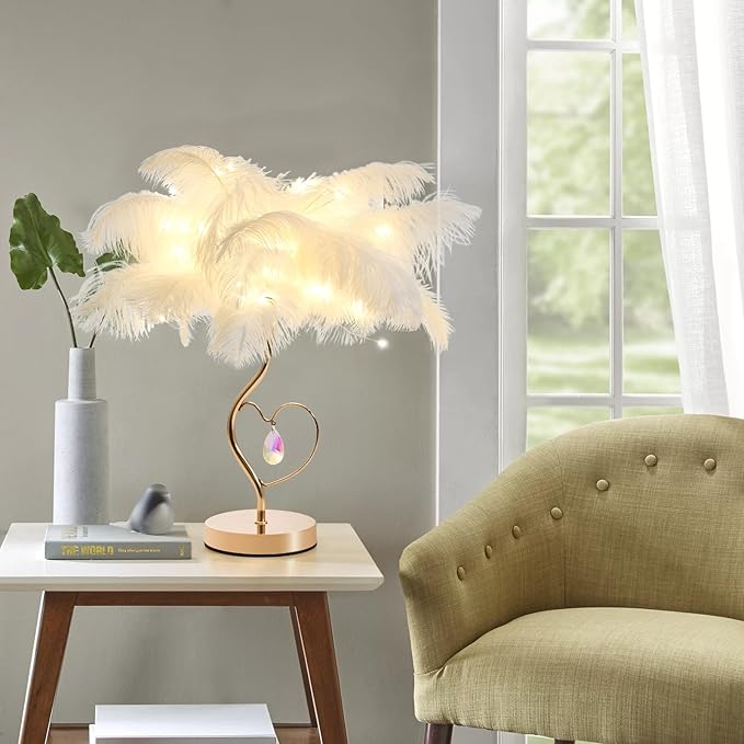 White Ostrich Feather Lamp Princess Fluffy Bedside Lamp Romantic Feather Table Lamp Nightstand Light for Girl Bedroom Wedding Decor Valentine Dating Living Room Hotel Office - Bloomnest