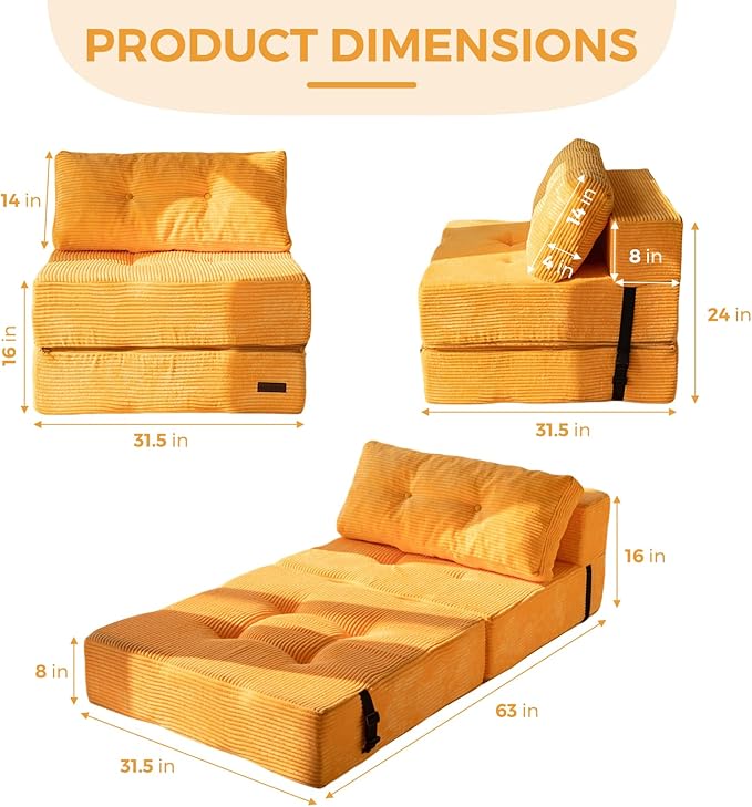 MAXYOYO Folding Sofa Bed, Convertible Sofa Bed with High-Density Support Foam, Portable 4 in 1 Fold Out Chair to Floor Lounger, Versatile Floor Couch for Living Room Bedroom, Orange - Bloomnest