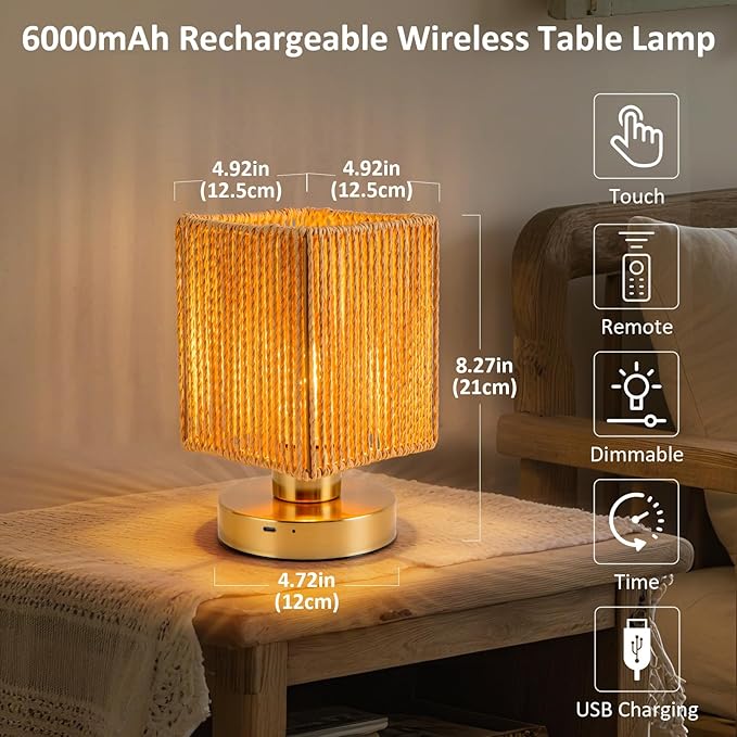 Rattan Table Lamp, 6000mah Battery Operated Table Lamp, Boho Small Desk Lamp, 3 Brightness Dimming for Bedroom Living Room Kids Room Touch Switch, Bulb Included - Bloomnest