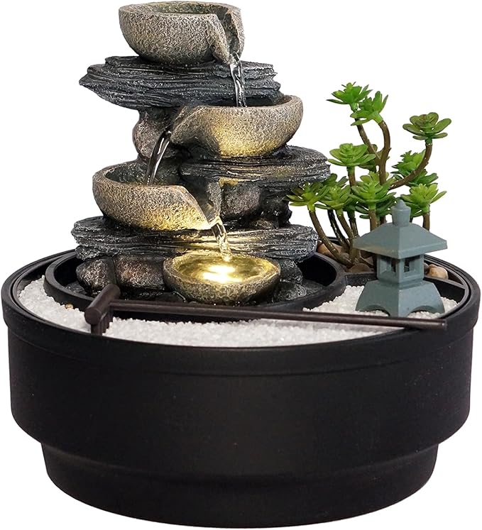 Indoor Tabletop Water Fountain with LED Lights & Pagoda, 4-Tier Rock Cascading Design, Artificial Flowers, White Stones and Rake, Zen Decor for Office/Living Room/Bedroom/Study (8.5" H)