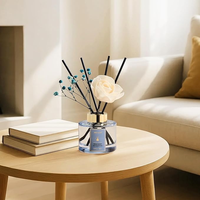 Airkeep Flower Reed Diffusers Set, 5.07 oz Wild Mint&Eucalyptus Scented Oil Diffuser with 8 Reed Sticks, Home Fragrance Diffuser Gift Set for Bathroom & Office Decor 150ml - Bloomnest