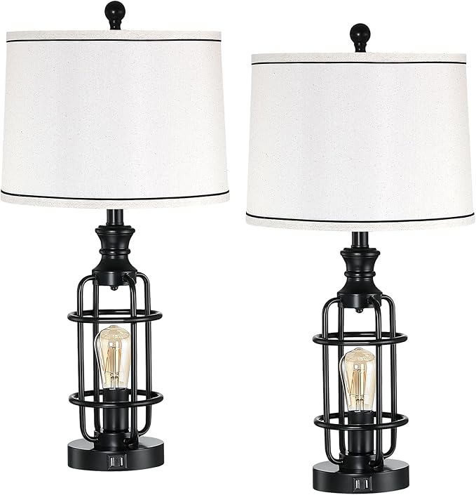 26.3”Table Lamps Set of 2 with USB Charging Ports,Farmhouse Bedside Nightstand Lamp with Rotary Switch,Rustic Reading Lamps Industrial Desk Lamps for Bedroom Living Room,Bulbs Included - Bloomnest