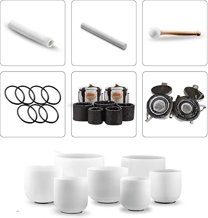 Ryan Dvan 432Hz 7-12 Inch 7 Chakra Crystal Singing Bowl Set Frosted Quartz Crystal Sound Therapy Kit with Suede Mallets 2 Travel Cases O-Ring Tool for Yoga Meditation Energy Balancing Reiki Healing - Bloomnest