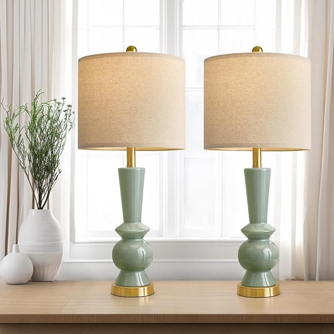 PORTRES 27" Modern Ceramic Table Lamp Set of 2 for Living Room Green & Gold Bedside Lamps for Bedroom Nightstand Lamp Tall End Table Lamps - Bloomnest