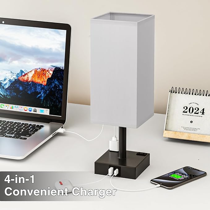 Touch Bedside Table Lamp For Nightstand - 3-Way Dimmable Night Lamp with USB A + Type C Charging Ports and two AC Outlets, Small Desk Light with E26 LED Bulb for Bedroom Living Room Office, Grey Black - Bloomnest