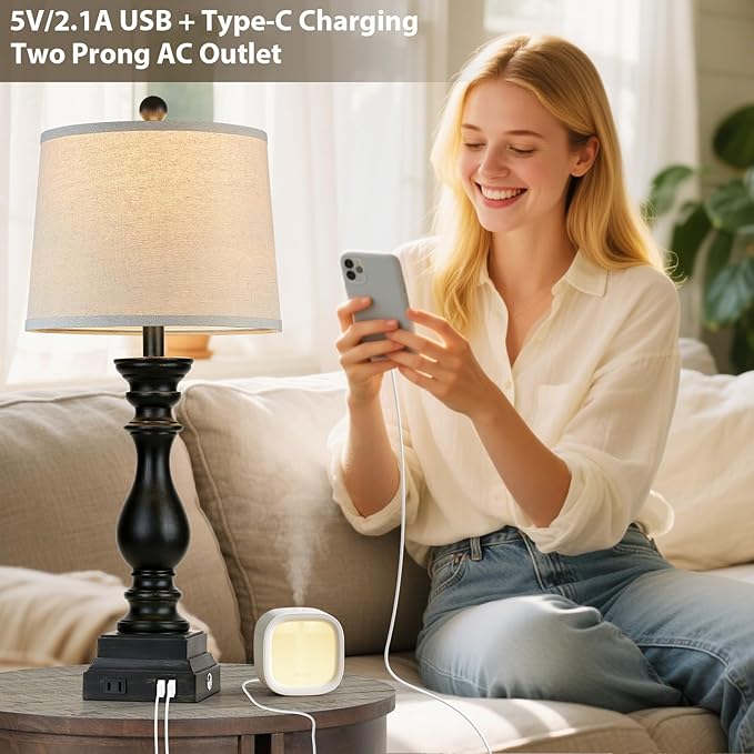 28" Farmhouse Table Lamps Set of 2 with USB C+A Ports and AC Outlet, 3 Way Touch Tall Vintage Bedside Lamp for Living Room, Black Rustic Nightstand Lamp for Bedroom Office - Bloomnest