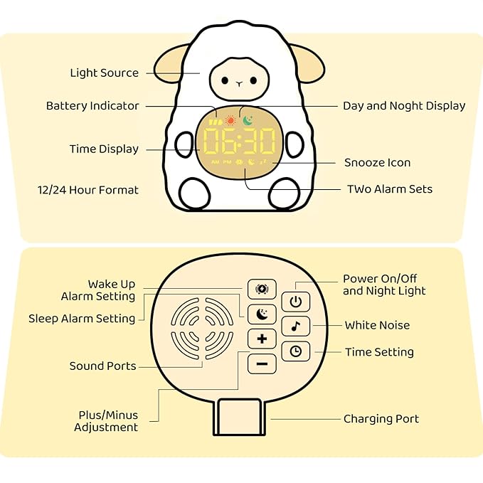 Sheep Alarm Clock with Night Light for Kids with Sleep Training and Sound Machine, Rechargeable Silicone Lamp OK to Wake Clock，Cute Animal Tabletop Lamp, Perfect Sleep Companion for Boys Girls, Khaki - Bloomnest
