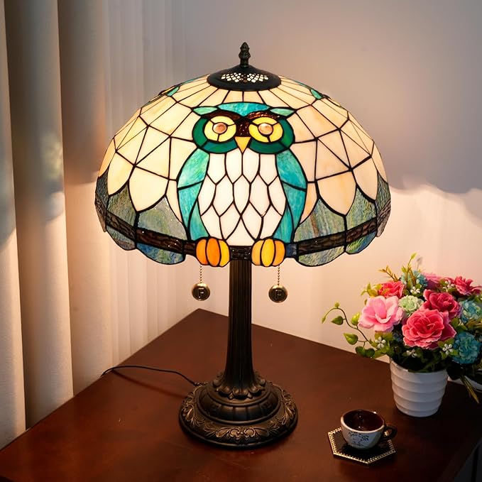 Tiffany Table Lamp Owl Animal Design Stained Glass Lamp 16 inch Handmade Large Desk Light Antique Beside Reading Lamp for Home Living Room Bedroom Office - Bloomnest
