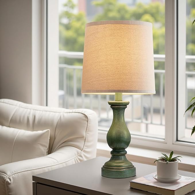 Seealle Farmhouse Table Lamps Set of 2 - Rustic Lamp for Bedroom Living Room, 22" Boho Bedside Lamps for Night Stands End Table Office Desk Lamp Nightstand with Linen Shades(Antique Green) - Bloomnest
