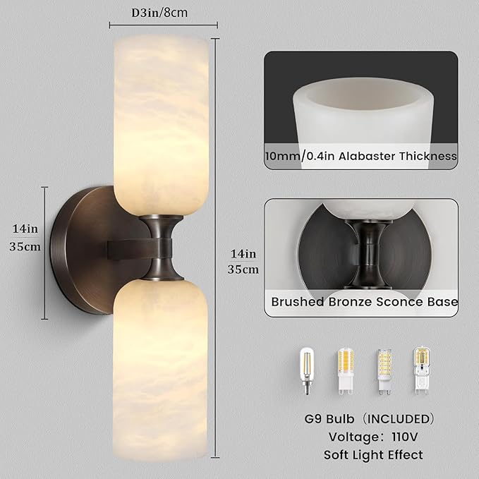 14in Modern Spanish Natural Marble Bathroom Vanity Sconces, Alabaster Wall Sconces Set of Two, Black Alabaster Sconce Wall Lighting, Black Wall Light Fixtures Decor - Bloomnest