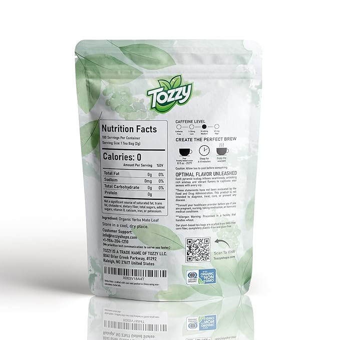 Tozzy Organic Yerba Mate Tea, Unsmoked – 100 Count, Plant-Based Pyramid Tea Bags - Bloomnest
