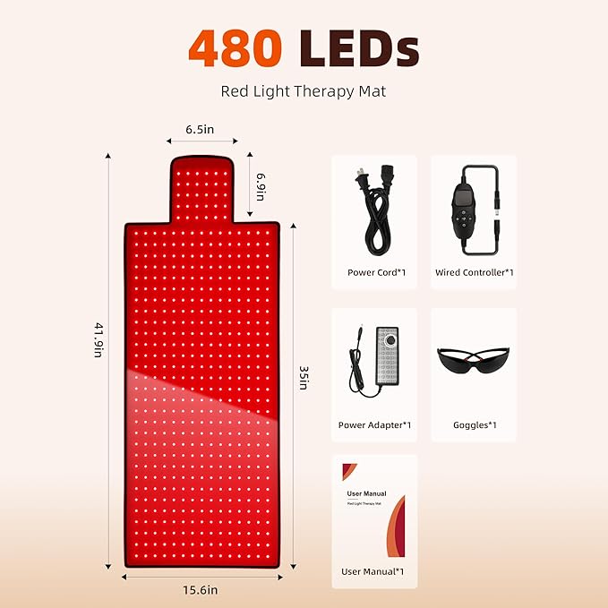 Red Light Therapy Mat for Body 42"x16", 480 LEDs Infrared Light Therapy Pad with Dual Wavelengths 660nm & 850nm for Back Shoulder Abdomen Area, Pulse Modes, Timer & Intensity Control MorespondBestRedLightTherapyMat