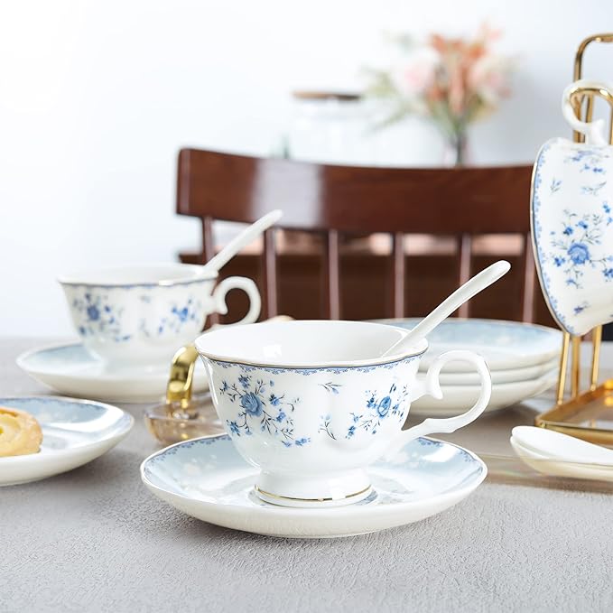 fanquare 15 Piece Blue Rose Porcelain Tea Set, British Floral Teapot with Tea Cups, Women Tea Party Set for 6 - Bloomnest