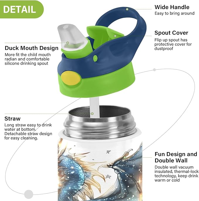Dragon Water Fire Kids Water Bottle with Straw Lid Insulated Tumbler with Handle Stainless Steel Reusable Toddlers Cup for Kids Boys 12 oz - Bloomnest