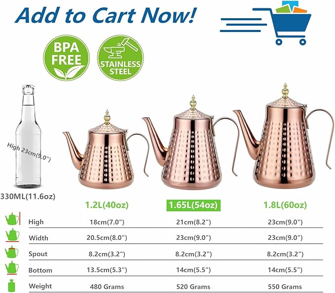 SANQIAHOME 1.6L(54oz) Stainless Steel Hammer Patterned Teapot With Removeable Infuser,Loose leaf cover,Copper - Bloomnest