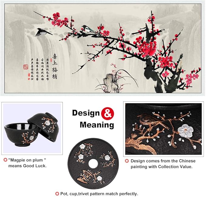 Cast Iron Teapot with Tea Cups Trivet Japanese Style Tetsubin Tea Kettle with Infuser Iron Tea Set Gift for Adult Father Mother Family (Black,Magpie on the Plum Design) - Bloomnest