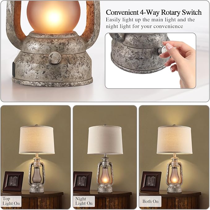 RORIANO Farmhouse Rustic Table Lamps for Living Room Set of 2,Vintage Lantern Table Lamp with Dual USB Ports, 25" Tall Retro Bedside Lamp for Bedroom Nightstand, 4 Bulb Included (Iron Gray) - Bloomnest