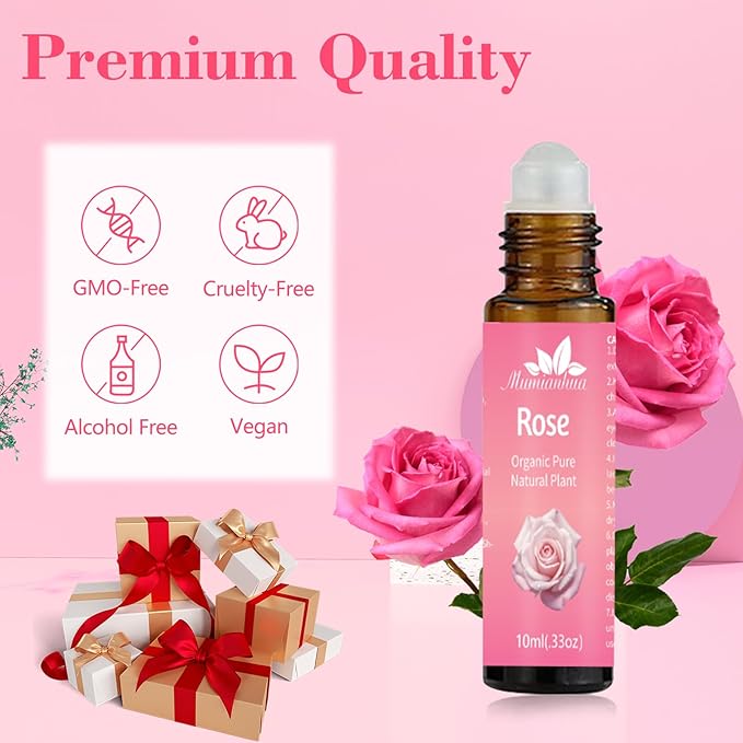 Rose Essential Oil Roll On, Mumianhua Diluted Rose Oil Touch Essential Oil, Aromatherapy Roller Oil for Skin, Body, Hair, Women,Men,Relaxation, Mood Balance, Massage 0.33 Fl Oz - Bloomnest