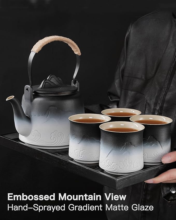 ZENS Vintage Japanese Tea Set, 33.8 oz Gradient Embossed Ceramic Japanese Teapot with Built-in Strainer for Tea Steeper, Hemp Rope Handle Loose Leaf Tea Pot with 4 Cups for Tea Party, Black & White - Bloomnest