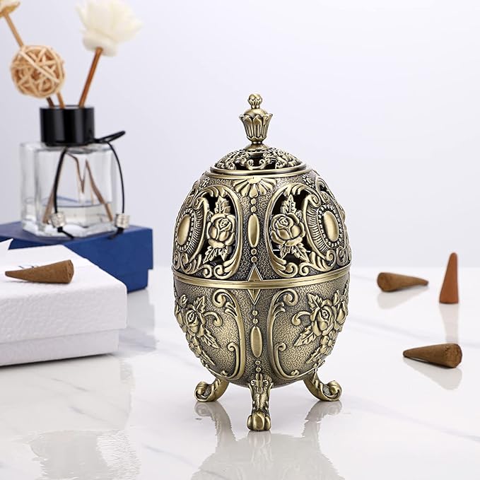 JUXYES Vintage Incense Burner Holder with Removable Ash Catchers, Metal Censer Antique Cone Coil Incense Burner Holder Zinc Alloy Spiritual Aromatherapy Yoga Meditation Gifts Retro Home Decoration - Bloomnest