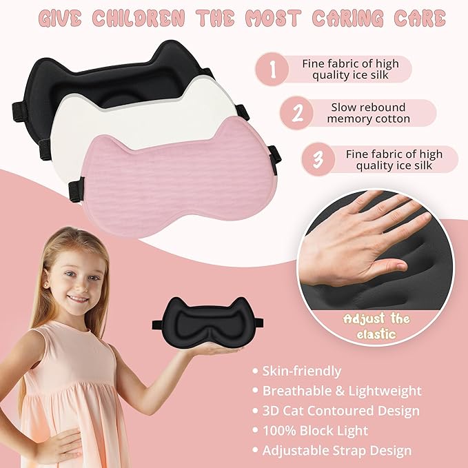 Kids Sleep Mask Eye Mask: 3D Contoured Cup Sleeping Masks, Blindfold with Adjustable Strap, Kids Eye Cover for Boys, Girls, Teens, Pressure-Free with Memory Foam Face Mask for Sleeping (Pink) - Bloomnest