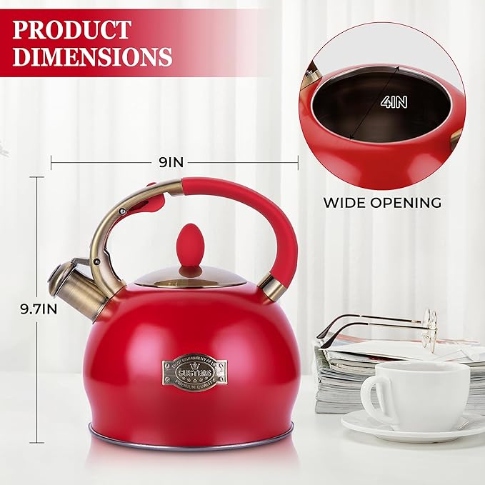 SUSTEAS Stove Top Whistling Tea Kettle - Food Grade Stainless Steel Teakettle Teapot with Cool Touch Ergonomic Handle, With 1 Silicone Pinch Mitt Included, 2.64 Quart(RED) - Bloomnest