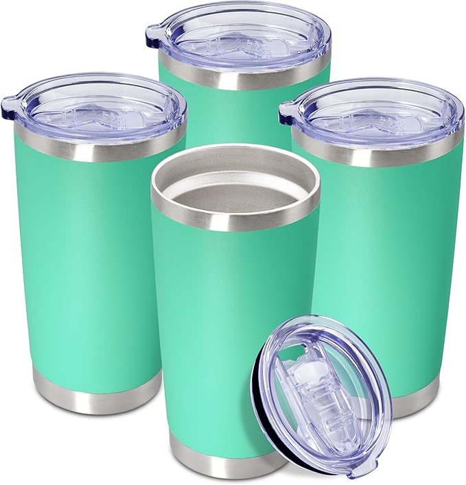 20 oz Tumbler Coffee Travel Tumblers Bulk with Lid Stainless Steel Double Wall Vacuum Insulated Mug Powder Coated Cups fit Car Cupholder for Hot and Cold - Light Blue, 4Pack