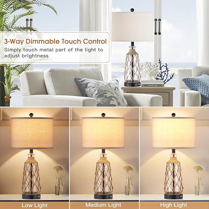25.5" Coastal Glass Table Lamps Set of 2, 3-Way Dimmable Touch Control Bedside Lamps with 2 USB Ports and AC Outlet, Clear Nautical Nightstand Lamp for Bedroom Living Room (LED Bulbs Included) - Bloomnest