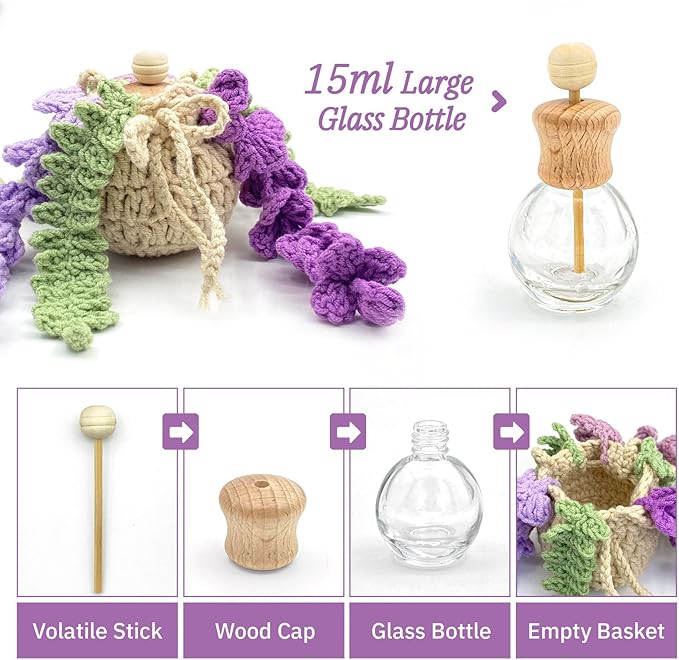 Crochet Car Air Freshener, 15ml Empty Refillable Oil Diffuser Bottle with Crochet Violet Hanging Plant for Car Rearview Mirror Decor, Handmade Home&Office Decor - Bloomnest