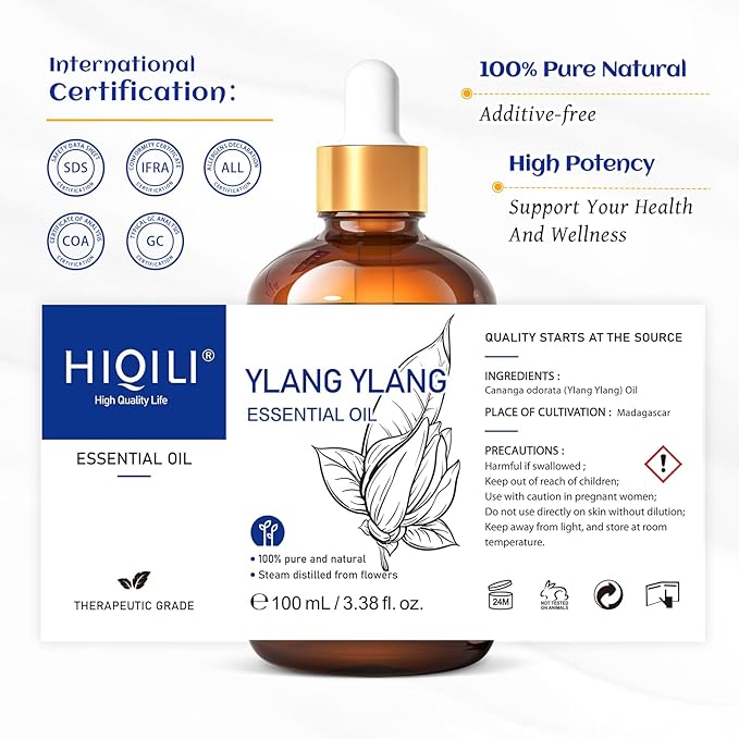 HIQILI Ylang-Ylang Essential Oil, Long-Lasting Scent for Diffuser, Perfumes, Aromatherapy, DIY - 3.38 Fl Oz - Bloomnest
