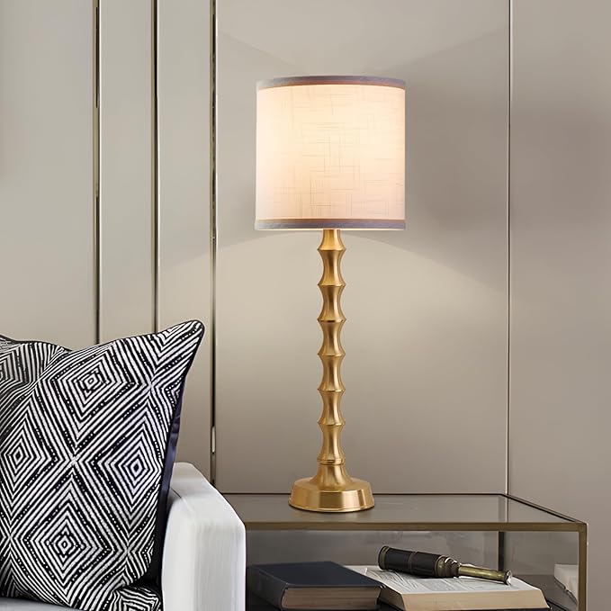 Set of 2 Gold Table Lamps, 30.5" Electroplated Gold Bamboo Base with White Linen Shade, Tall Buffet Lamps for Dining Room, Living Room, Bedroom Decor