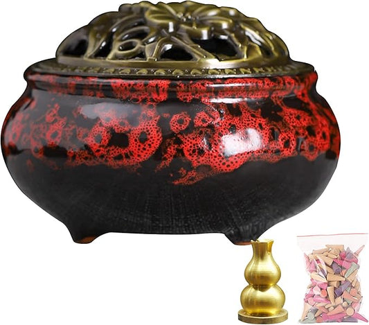 Ceramic Incense Burner with Lid, Bowl Burner， Cone Incense Burner, Ceramic Censer Suitable for Incense/Cone/Coil/Sticks, There are 30 Incense Cones+ Metal Incense Holder+Fireproof Cotton Inside. - Bloomnest