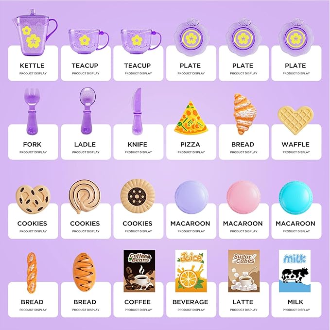 Tea Party Set for Little Girls, Pretend Dessert Food Set for Kids Age 3 4 5 6 7 8 9, Kids Kitchen Pretend Play Dessert Set for Girls Princess Boys (Purple) - Bloomnest