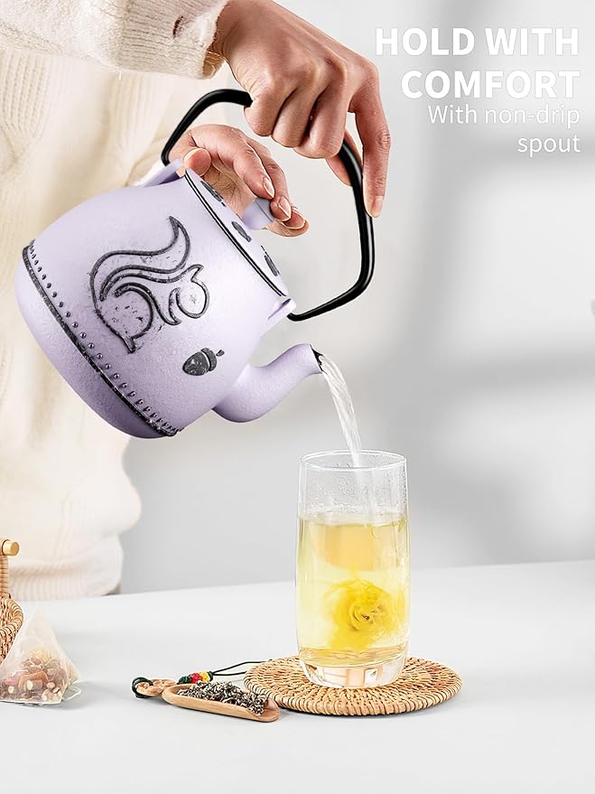 Toptier Teapot with Removable Infuser, Cast Iron Tea Kettle Stovetop Safe, Squirrel Design Tea Pot Coated with Enameled Interior for 32 Ounce (950 ml), Purple - Bloomnest