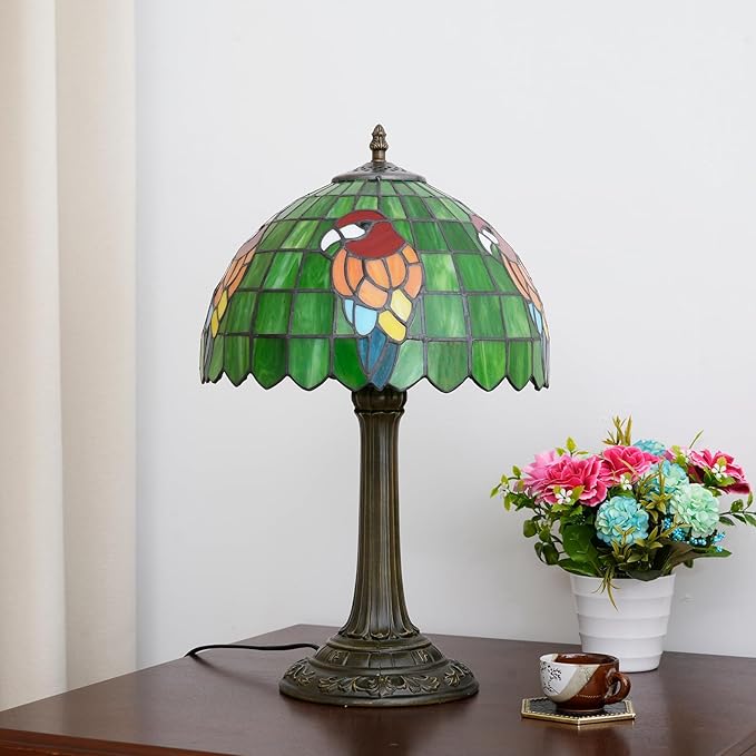 Tiffany Lamp Parrot Green Bedroom Table Lamp Stained Glass Reading Bedside Light for Home Living Room Office Dormitory Dining Room Decorate 12X12X18 inch Desk Light Include LED Bulb - Bloomnest