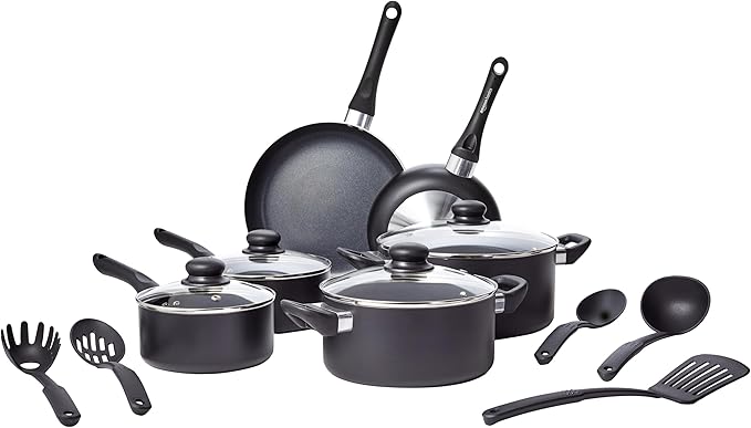 Amazon Basics Non Stick Kitchen Cookware 15-Piece Set, Non-Induction, Includes Pots, Pans, and Utensils, Black - Bloomnest