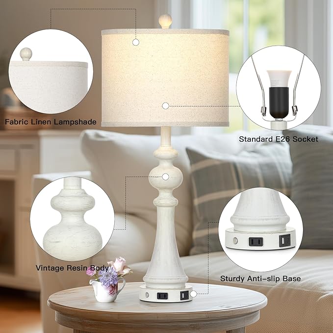 28" Farmhouse Lamps Set of 2, Vintage 3-Way Dimmable Touch Control Table Lamps with USB A+C Fast Ports & AC Outlets, Rustic Traditional Classic Bedside Nightstand Lamps for Living Room Bedroom White - Bloomnest