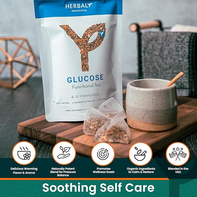 Herbaly Glucose Functional Tea - Vitality & Wellness - Gymnema Sylvestre, Ceylon Cinnamon, Bitter Melon, Dandelion Root, Fenugreek - Daily Teas - Organic Plant-Based Tea Bag Pyramids - 30 ct - Bloomnest