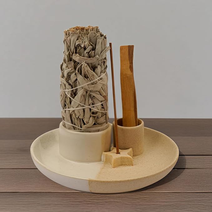 4 in 1 Incense Holder, Ceramic Incense Stick and Palo Santo Holder,Sage Holder for Burning- 5.5" Ceramic Ash Catcher Tray for Meditation and Yoga Room (Star Sand) - Bloomnest