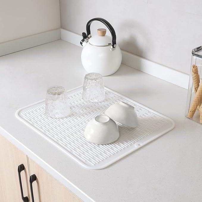 Silicone Dish Drying Mat for Multiple Usage,Easy clean,Eco-friendly,Heat-resistant Silicone Mat for Kitchen Counter or Sink,Refrigerator or Drawer Liner White XL 18 inches x 16 inches - Bloomnest