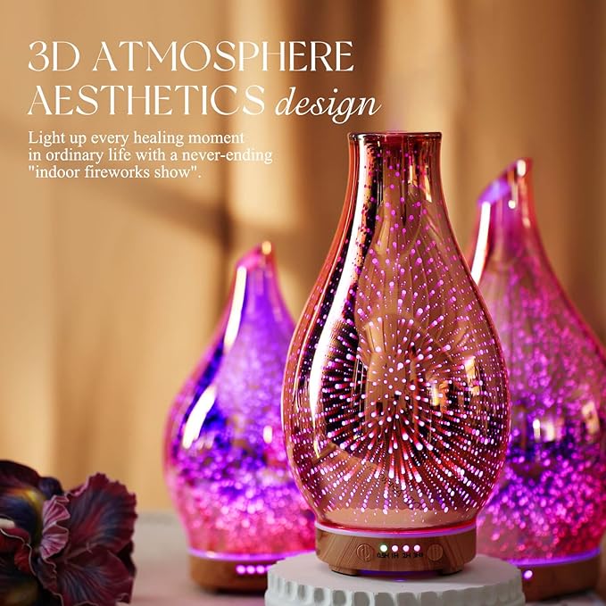 Porseme Essential Oil Diffuser 3D Glass Aromatherapy Ultrasonic Humidifier Cool Mist, Auto Shut-Off, Timer Setting, BPA Free for Home Office Hotel Yoga Gym Leisure SPA Gift 100ml Porseme