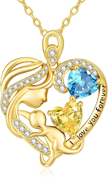 14K Gold Double Birthstone Heart Necklace for Women Mom, Mother Son/Daughter Pendant Necklace for Christmas Mother's Day Birthday Gifts for Wife Daughter Grandmom - Bloomnest