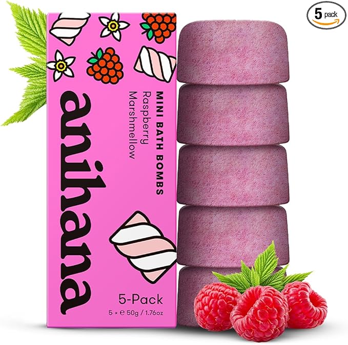 ANIHANA Mini Bath Bombs with Coconut Oil, Paraben Free, Hand-Crafted Luxury Fizzers, Refreshing Raspberry Marshmellow Scent, 1.76 oz Each, 5 Pack - Bloomnest
